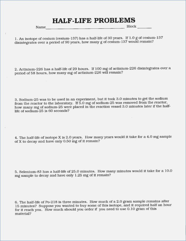 Half Life Problems Worksheet Answers â Careless Me